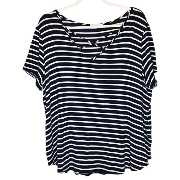 Emory Park Navy & White Striped Crisscross Neckline Tee Top | Plus 1X - Picture 1 of 4